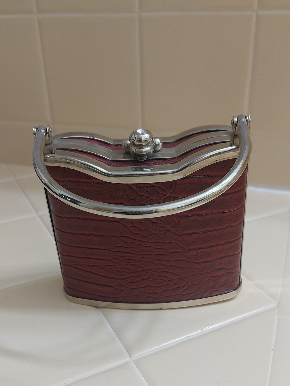 Structured Bijoux Terner Red Faux-Croc Handbag with Silver Hardware